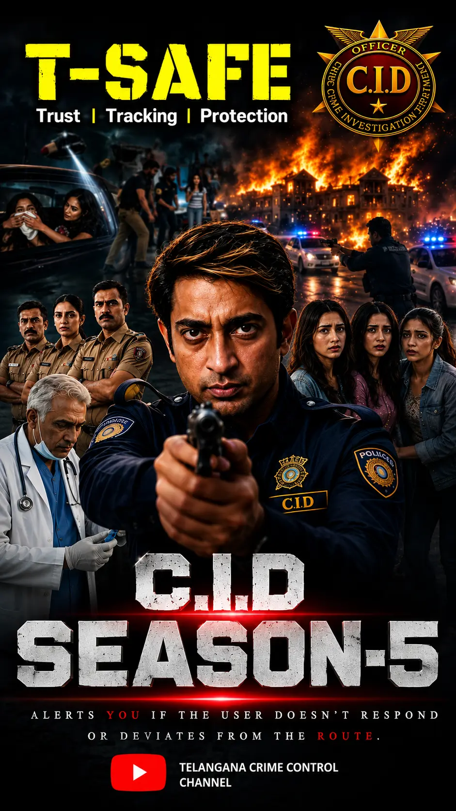 T-SAFE CID Season 5 promotional poster featuring Mohammed Taskeen Ahmed a CID officer aiming a handgun, police investigation scenes, emergency response vehicles, civilians, and the tagline 